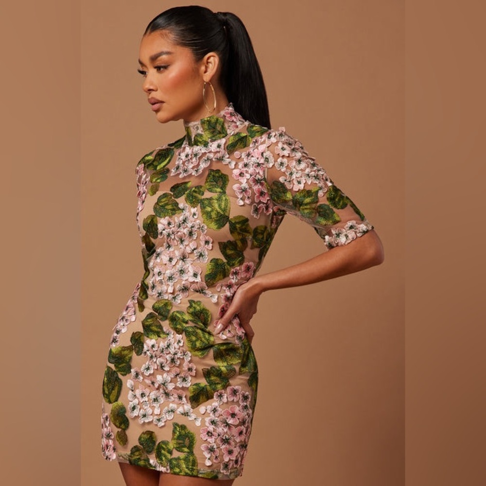 Fashion Nova Pink Floral Mesh Long Sleeve Mini Dress